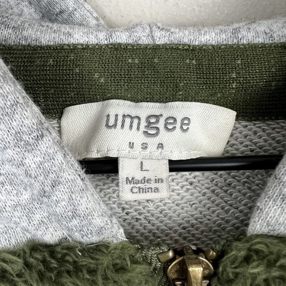 Umgee Womens  Green Teddy Gray Knit Colorblock Half Zip Hooded Sweatshirt Large - Picture 3 of 4